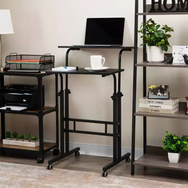Bureau portable réglable avec roulettes pour travailler assis ou debout (noir)