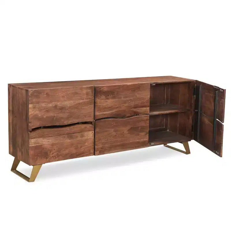 Buffet à 3 portes en bois de Sesham et bords naturels, couleur or