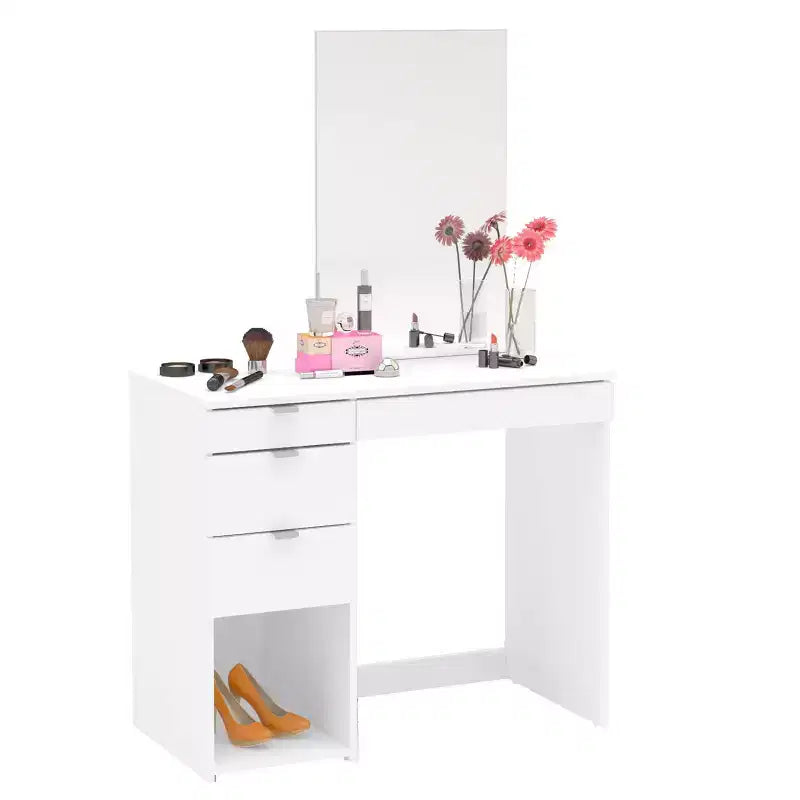 Polifurniture Joplin Vanity with Mirror White: Modern Makeup Desk Rectangle Shape Wood Material