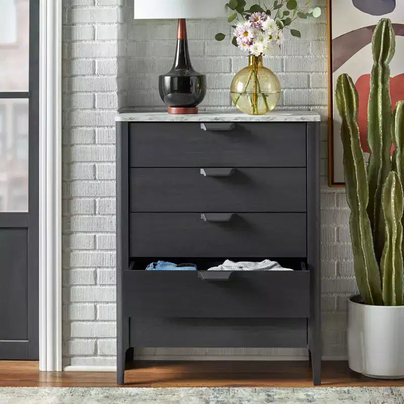 Buylateral Keely Modern 5 Drawer Faux Marble Top Chest Dresser Charcoal Gray: Mid-Century Modern Bedroom Storage Faux Marble Top