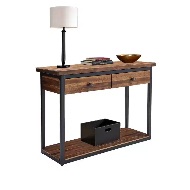 Claremont Rustic Wood Console Table with Two Drawers and Low Shelf Dark Brown - Alaterre Furniture: Industrial Style Metal Frame Entryway Storage