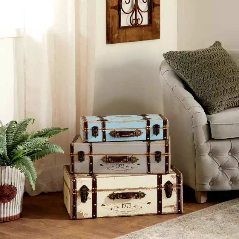 Set of 3 Farmhouse Distressed Wood Rectangular Trunks Natural - Olivia & May: Polyurethane Finish No Assembly Required
