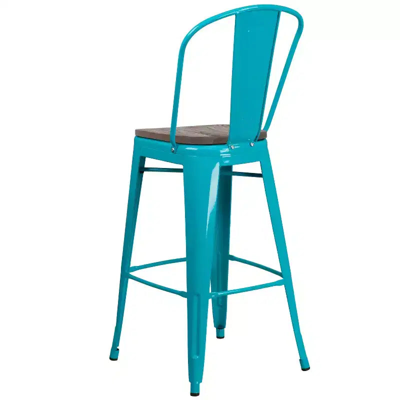 Tabourets de bar en métal avec dossier et assise en bois