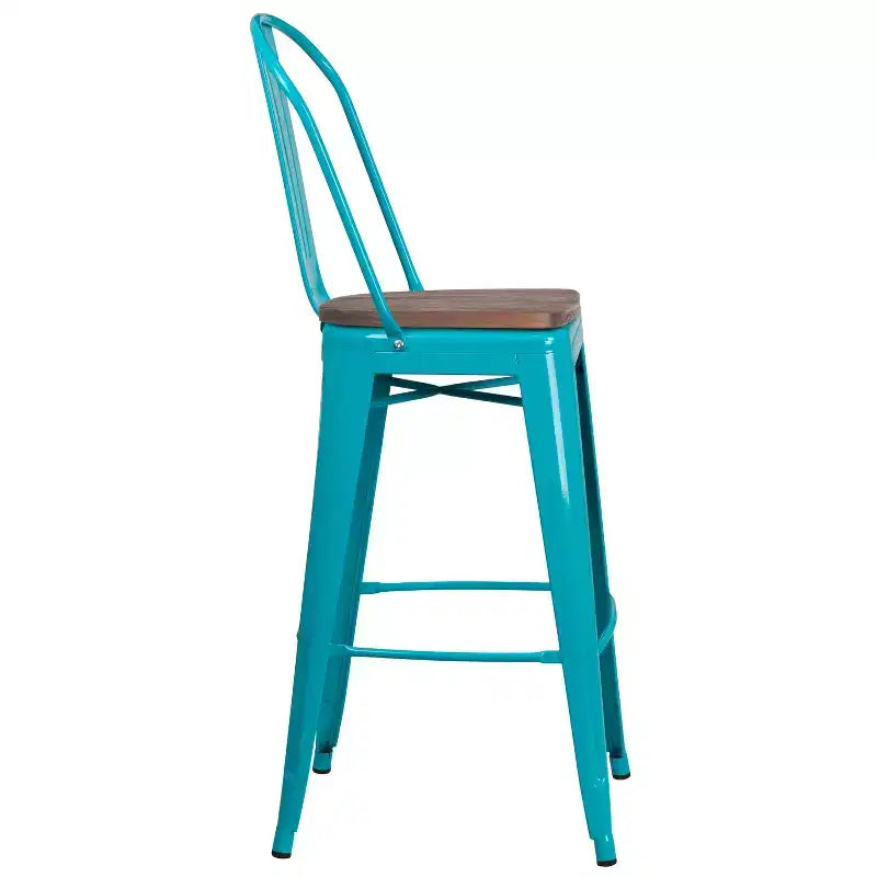 Tabourets de bar en métal avec dossier et assise en bois