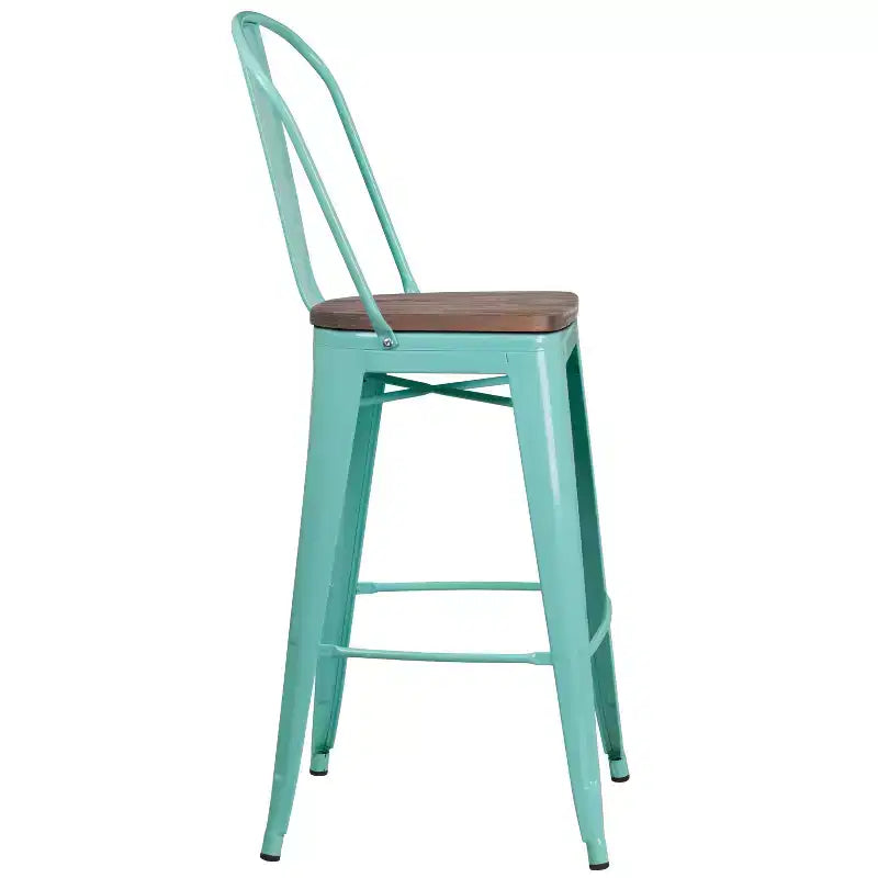 Tabourets de bar en métal avec dossier et assise en bois