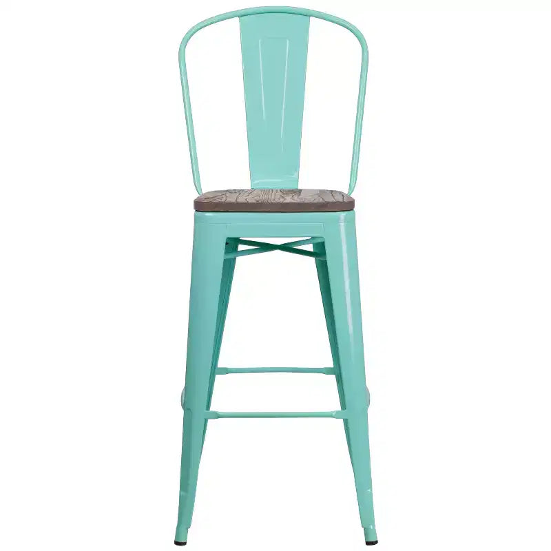 Tabourets de bar en métal avec dossier et assise en bois