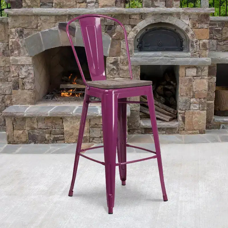Tabourets de bar en métal avec dossier et assise en bois