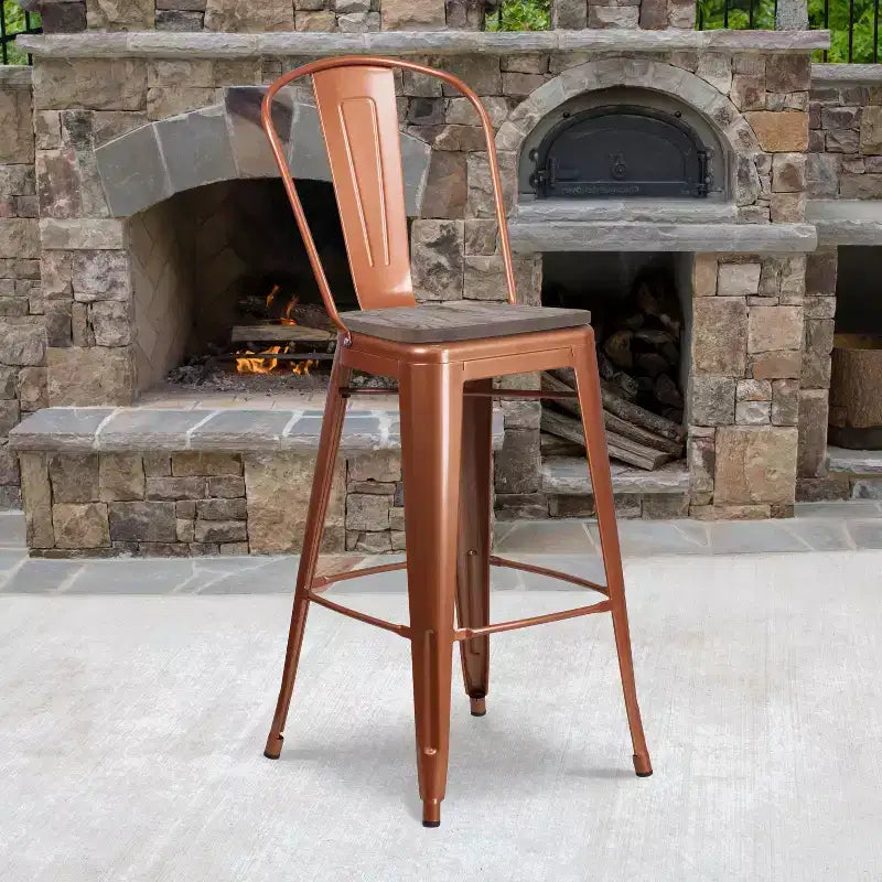 Tabourets de bar en métal avec dossier et assise en bois