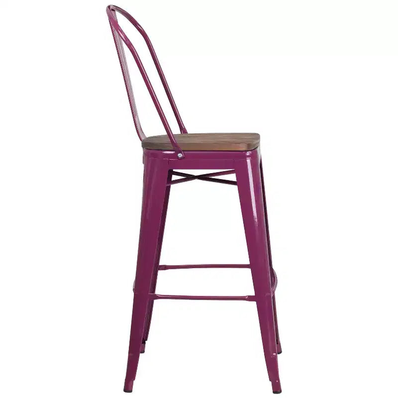 Tabourets de bar en métal avec dossier et assise en bois