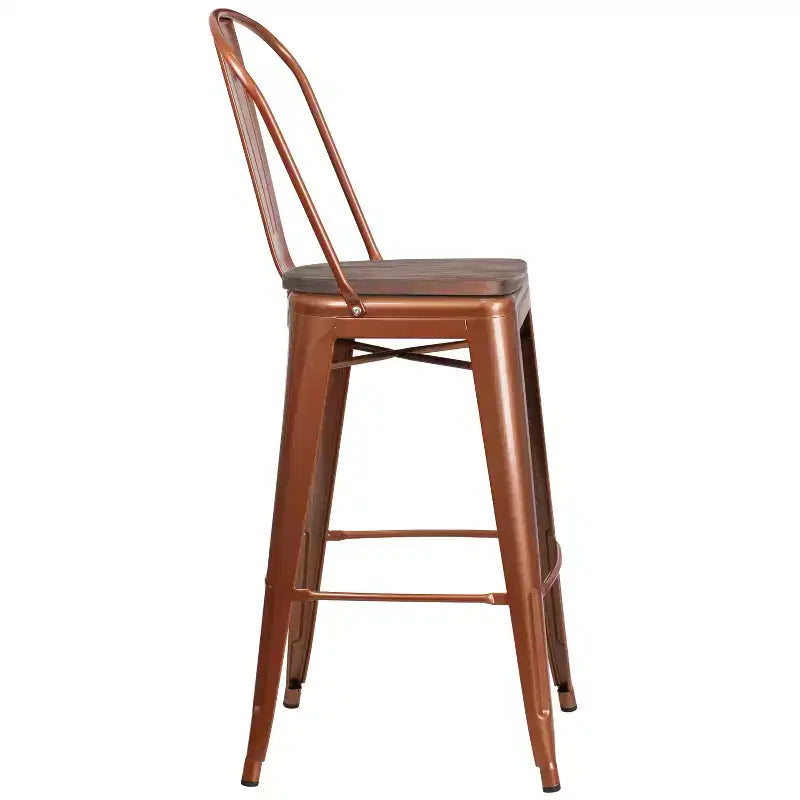 Tabourets de bar en métal avec dossier et assise en bois