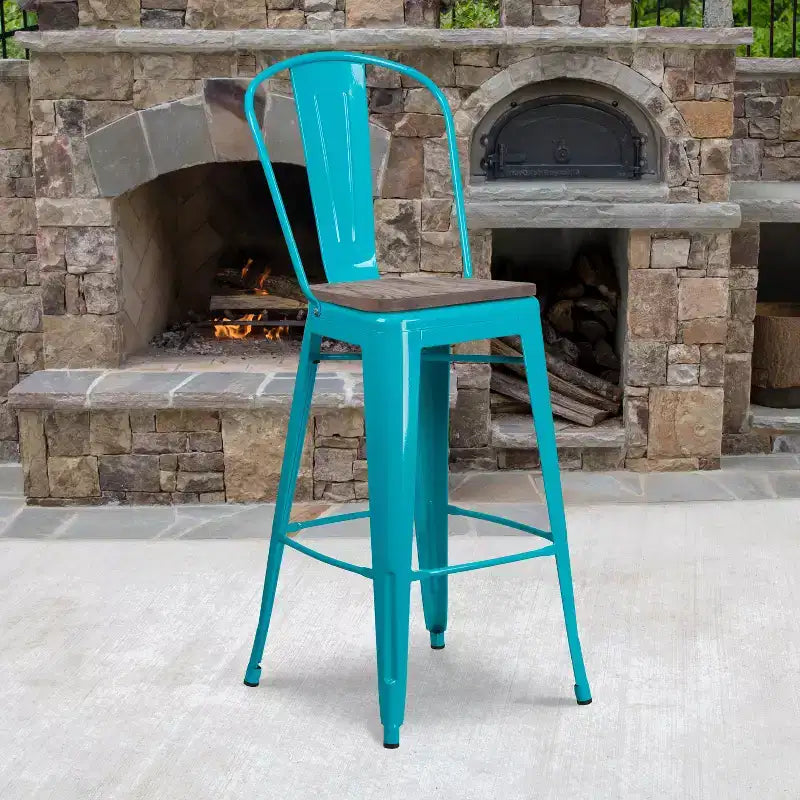 Tabourets de bar en métal avec dossier et assise en bois