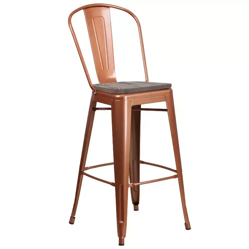 Tabourets de bar en métal avec dossier et assise en bois