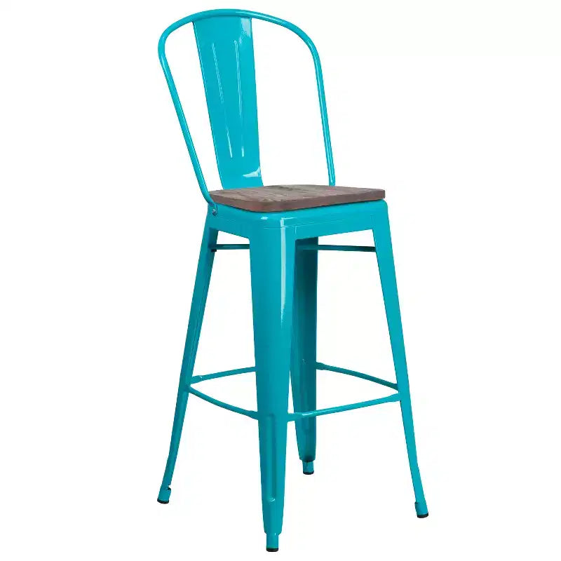 Tabourets de bar en métal avec dossier et assise en bois