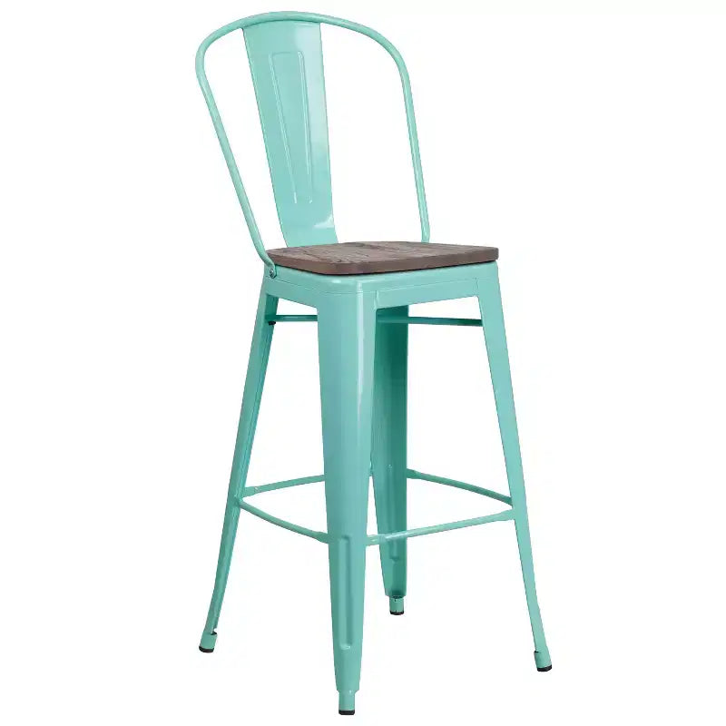 Tabourets de bar en métal avec dossier et assise en bois