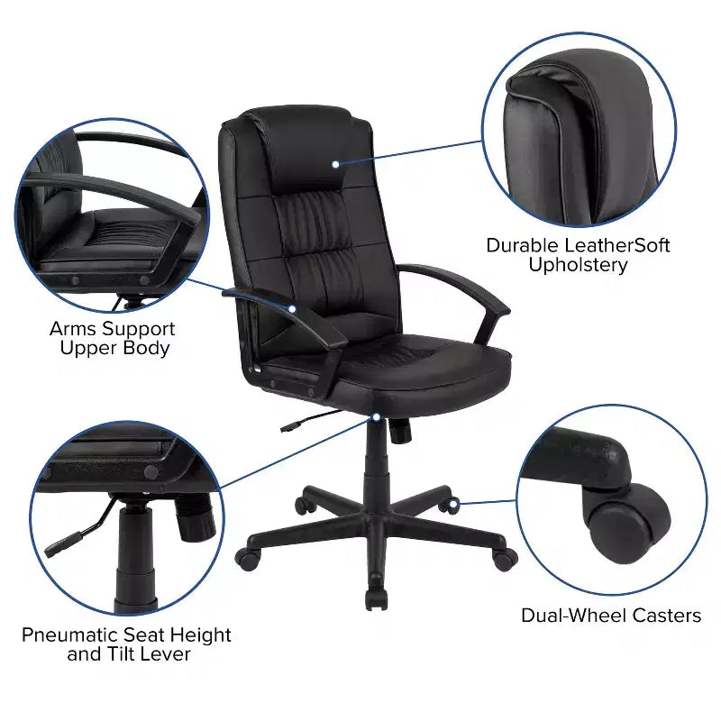 Fauteuil de bureau rembourré en cuir noir