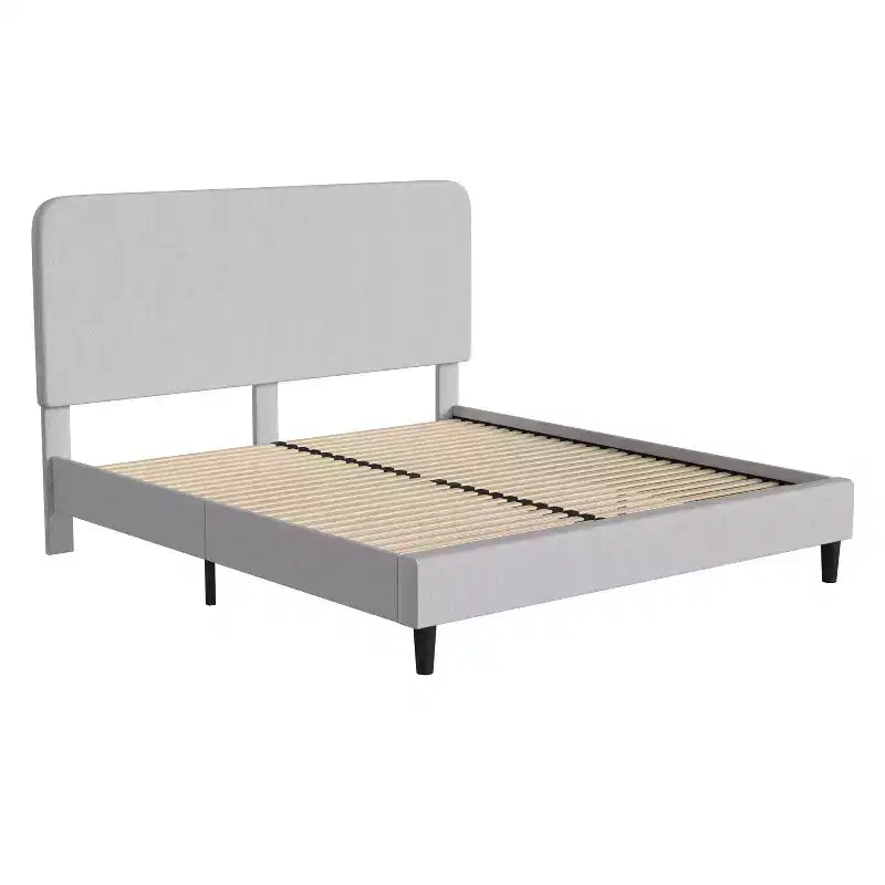 Emma and Oliver Pasithea Upholstered Platform Bed with Curved Slim Panel Headboard and Wooden Support Slats