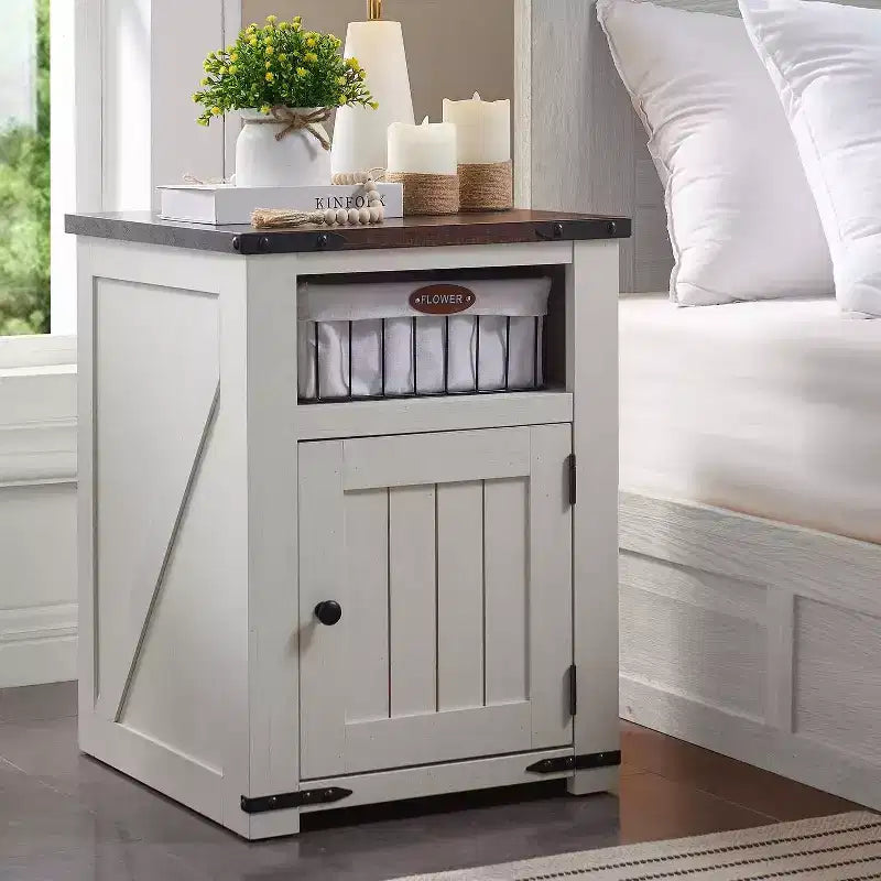 Nightstand with Charging Station 20 Farmhouse End Table w/Groove Barn Door & Adjustable Shlef for Bedroom