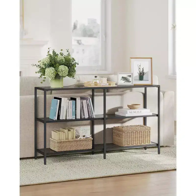 VASAGLE 51.2 Inch Console Table with 3 Shelves Sofa Table Entryway Table Metal Frame Tempered Glass Shelf Modern Style